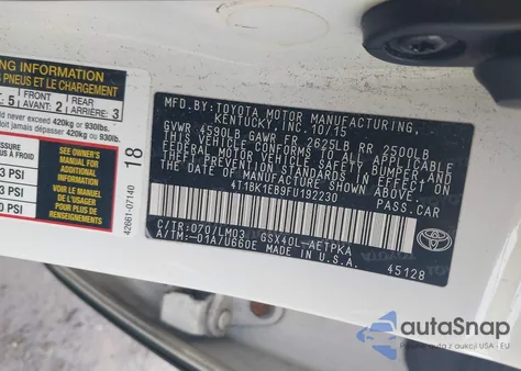 2015 Toyota Avalon z USA, uszkodzony, nr VIN UT1BK1EB9FU192230